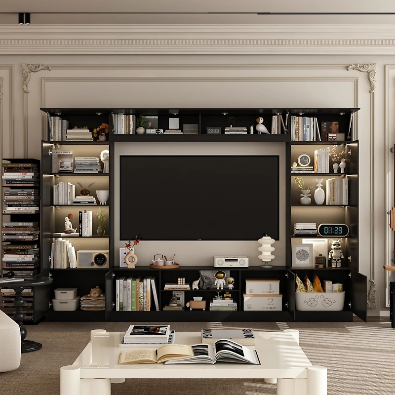 The Tv stand with nine cabinets for up to 75-inch TVs, an entertainment center with two light strips, and a black wooden media console