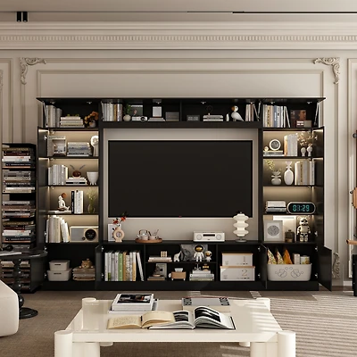 The Tv stand with nine cabinets for up to 75-inch TVs, an entertainment center with two light strips, and a black wooden media console