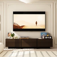 Flip-down 3-door Tv stand, black wood media console, multi-purpose entertainment center