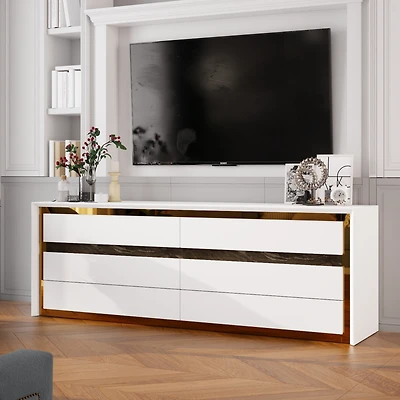 Tv stand with 6 drawers, media console with gold frame, white wooden entertainment center