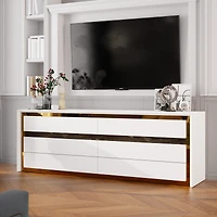 Tv stand with 6 drawers, media console with gold frame, white wooden entertainment center