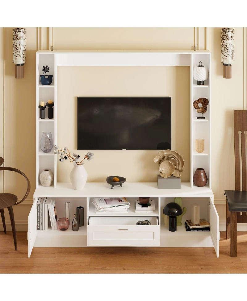 Tv stand with two doors and one drawer, media console with six fixed shelves, entertainment center in white wood