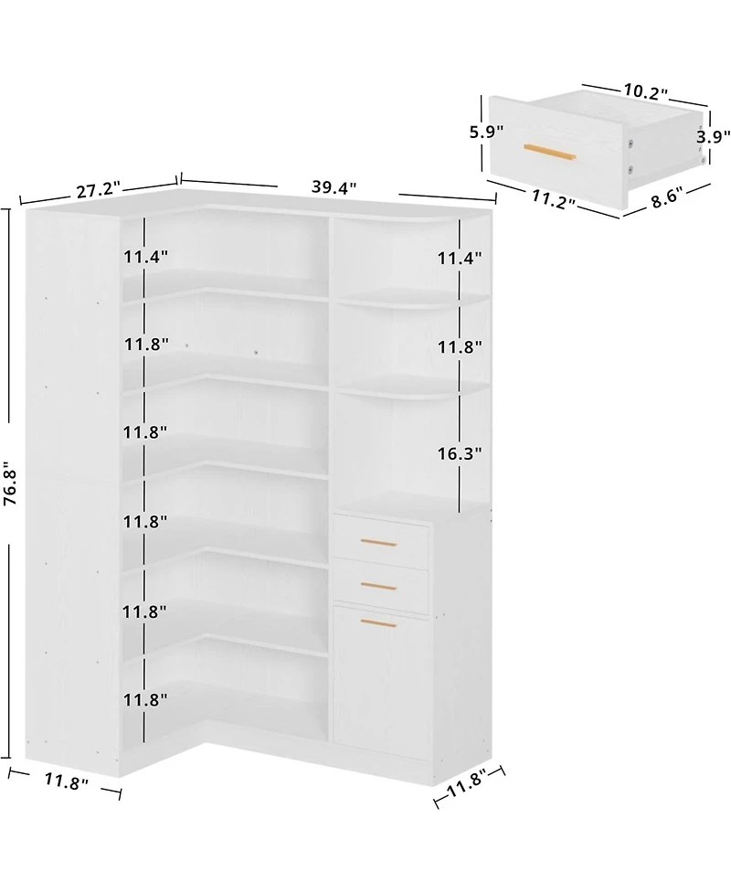 Corner Bookshelf and Bookcase with 2 Drawers and 10 Open Shelves