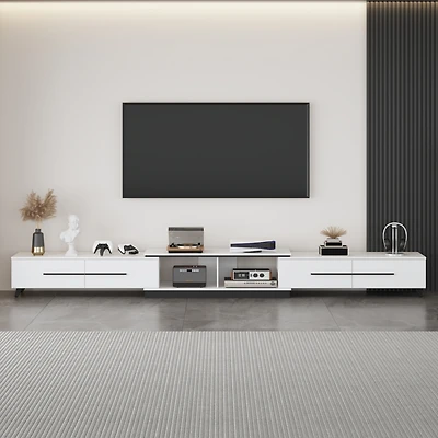 Retractable Tv stand with 4 drawers, media console with metal handles and feet, splicable entertainment center
