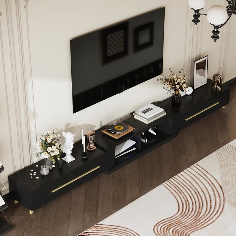 Retractable Tv stand with 4 drawers, media console metal handles and feet, splicable entertainment center