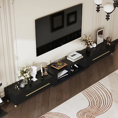 Retractable Tv stand with 4 drawers, media console metal handles and feet, splicable entertainment center