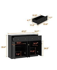 Shoe cabinet in black wood, shoe rack with 2 drawers and four doors and metal handles