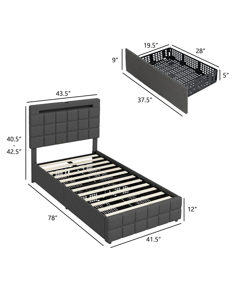 Upholstered Led Bed Frame with Headboard and 4 Drawers-Twin Size