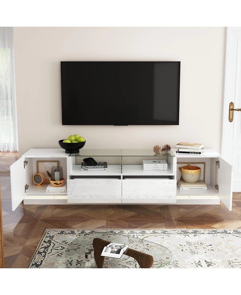 White Tv stand with two drawers and two doors, entertainment center with light strip, media console with drain box