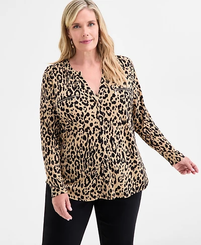 Jm Collection Plus Printed V-Neck Long-Sleeve Top