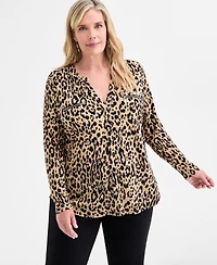 Jm Collection Plus Printed V-Neck Long-Sleeve Top