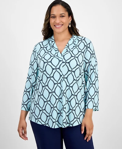 Jm Collection Plus Printed V-Neck Top