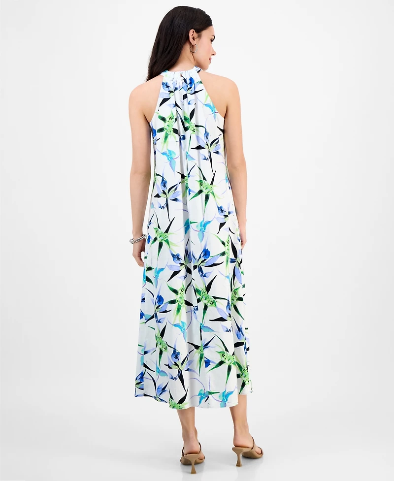 I.n.c. International Concepts Petite Printed Linen-Blend Halter-Neck Sleeveless Maxi Dress, Exclusively at Macy's
