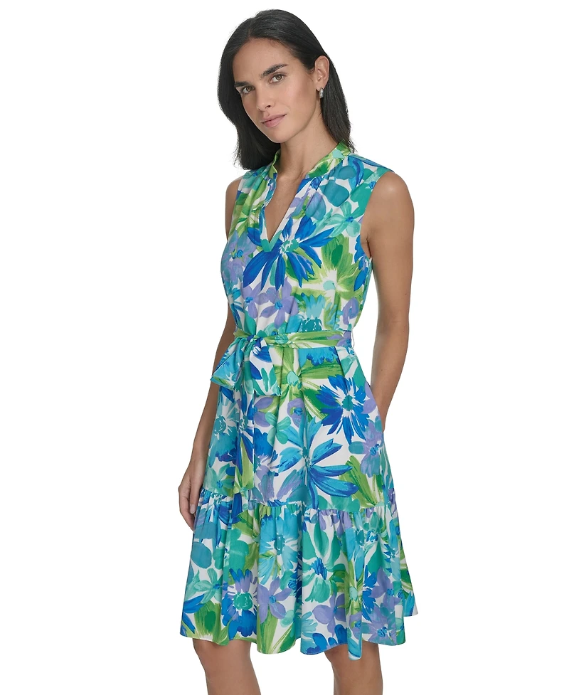 Jessica Howard Petite Printed Tie-Waist Tiered Dress