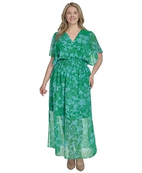 Jessica Howard Plus Size Printed Chiffon Flutter-Sleeve Maxi Dress