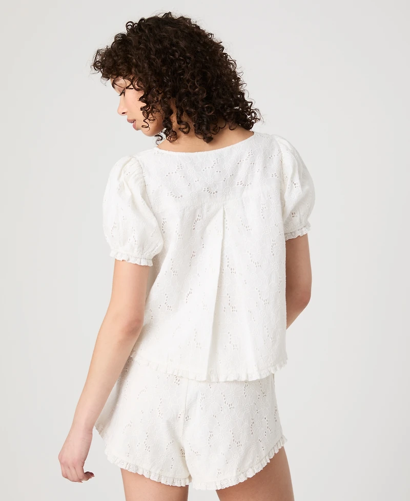 French Connection Women's Eyelet Puff-Sleeve Top