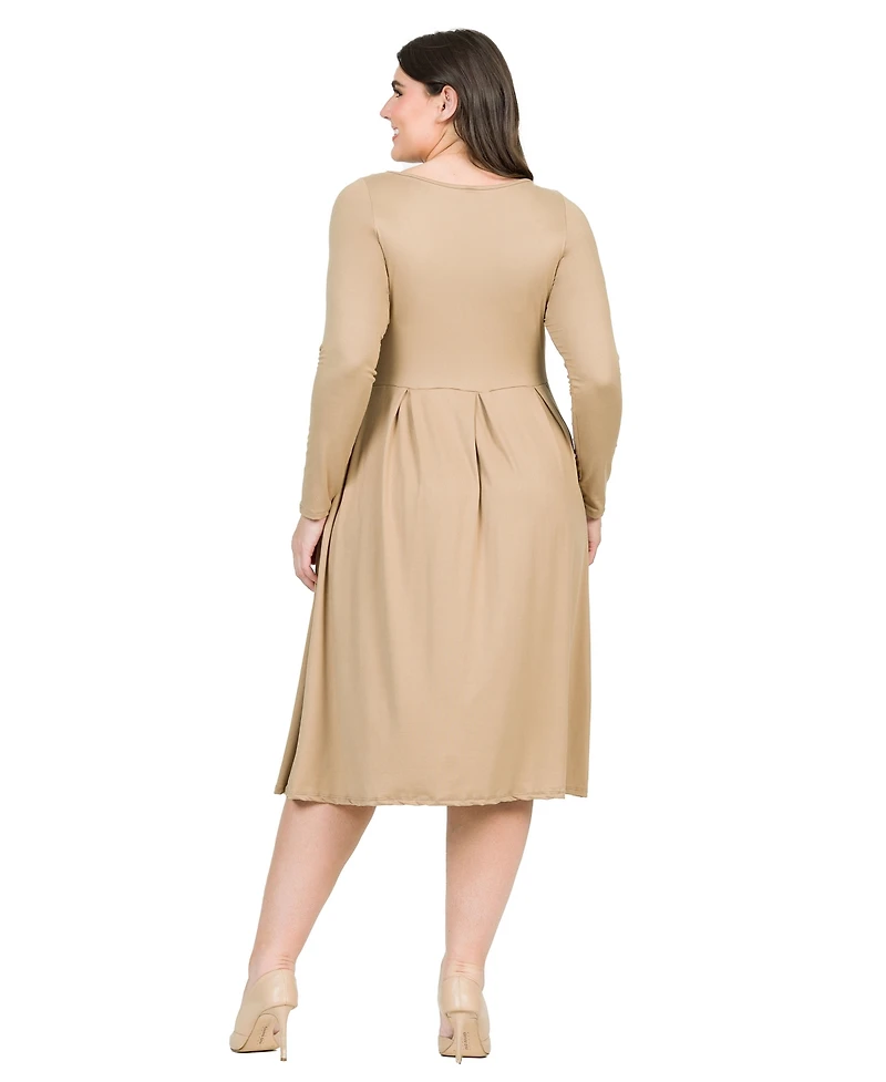 24seven Comfort Apparel Plus Long Sleeve Fit and Flare Midi Dress