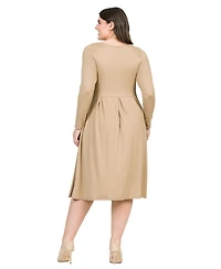 24seven Comfort Apparel Plus Long Sleeve Fit and Flare Midi Dress