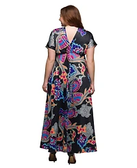 24seven Comfort Apparel Plus Size V-Neck Empire Waist Cap Sleeve Maxi Dress