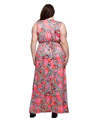 24seven Comfort Apparel Plus Print V-Neck Empire Waist Sleeveless Maxi Dress