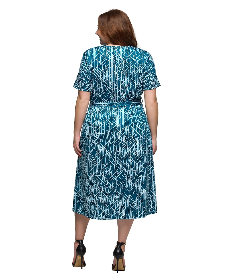 24seven Comfort Apparel Plus Print Short Sleeve Tie Waist Midi Dress