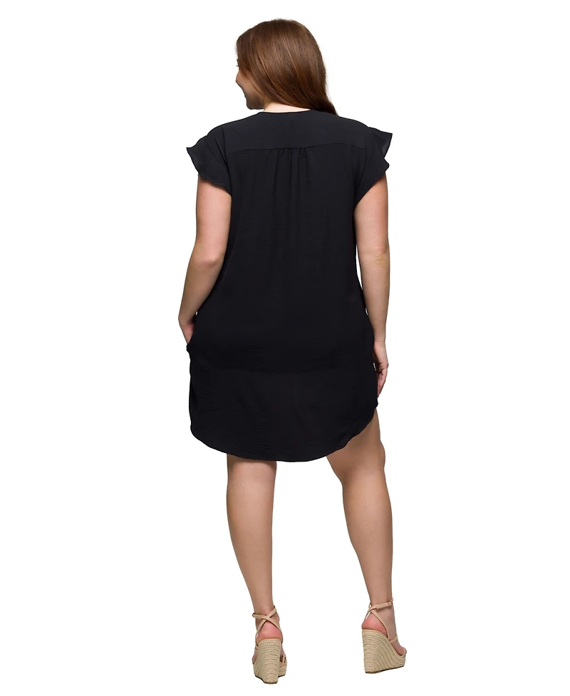 24seven Comfort Apparel Plus V-Neck Cap Sleeve Knee Length Pocket Dress