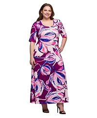 24seven Comfort Apparel Plus Print Elbow Sleeve Casual A-Line Maxi Dress