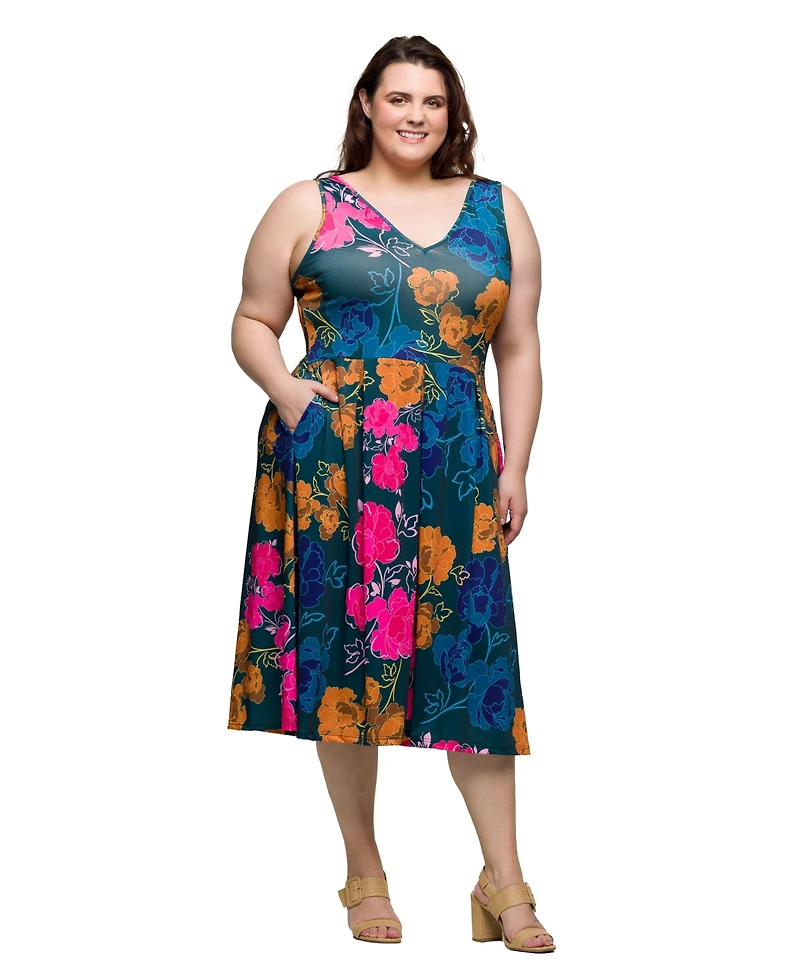24seven Comfort Apparel Plus Size Midi Length Print Sleeveless Pleated Pocket Dress