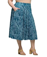 24seven Comfort Apparel Plus Size Print Elastic Waist Pocket Midi Skirt