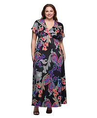 24seven Comfort Apparel Plus Size V-Neck Empire Waist Cap Sleeve Maxi Dress