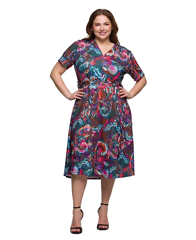 24seven Comfort Apparel Plus Print Short Sleeve Tie Waist Midi Dress