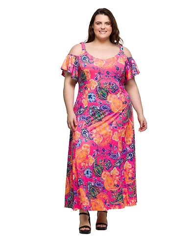 24seven Comfort Apparel Plus Cold Shoulder Ruffle Sleeve A-Line Maxi Dress
