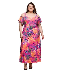 24seven Comfort Apparel Plus Cold Shoulder Ruffle Sleeve A-Line Maxi Dress