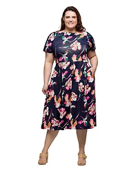 24seven Comfort Apparel Plus Short Sleeve Pleated Flare Midi Pocket Dress