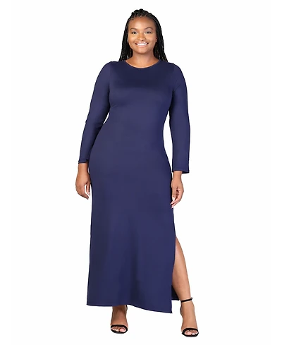 24seven Comfort Apparel Plus Long Sleeve Side Slit Fitted Maxi Dress