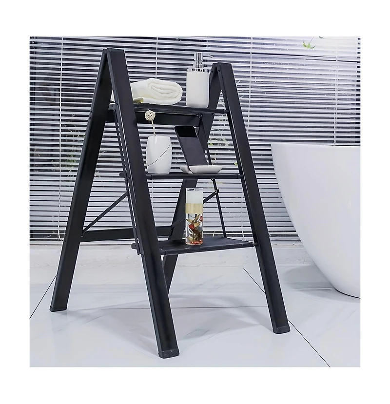 3 Step Ladder Aluminum Light Folding Step Bench Wide Non slip Pedal 300 lb Capacity Home Office Portable Ladder black