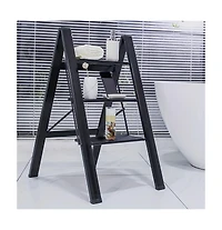 3 Step Ladder Aluminum Light Folding Step Bench Wide Non slip Pedal 300 lb Capacity Home Office Portable Ladder black