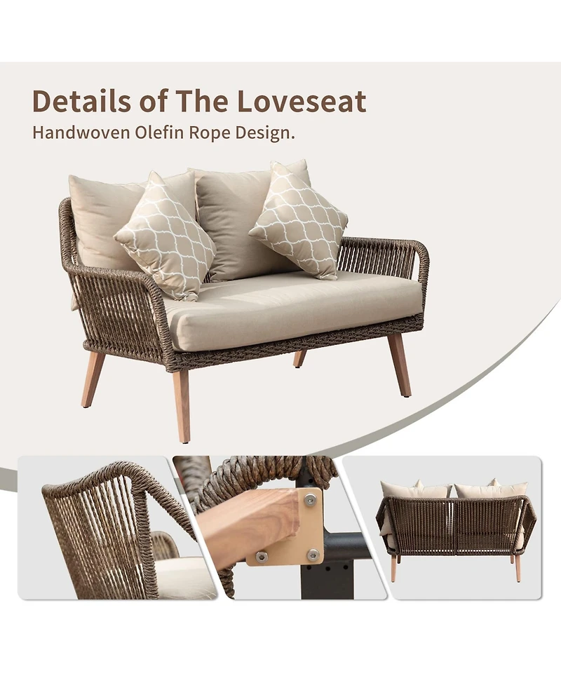 Patio Conversation Sets 4-Pieces, Handwoven Rattan Wicker Aluminum Frame Outdoor Patio Set, All-Weather Modern Rope Patio Loveseat with Coffee Table f