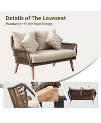Patio Conversation Sets 4-Pieces, Handwoven Rattan Wicker Aluminum Frame Outdoor Patio Set, All-Weather Modern Rope Patio Loveseat with Coffee Table f