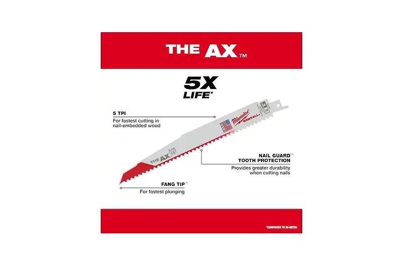 Milwaukee 9 in. 5 Tpi Ax Nail-Embedded Wood Cutting Sawzall Reciprocating Saw Blades - 5 Count - 48-00-5026