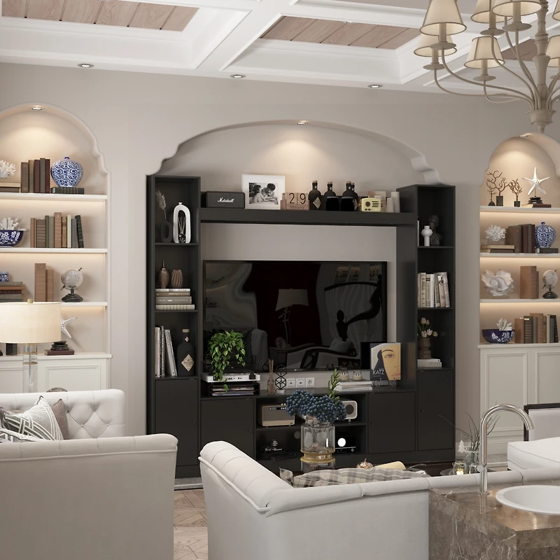 Black four-door Tv stand, media console with movable shelves, multi-purpose entertainment center