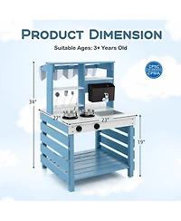 Double-Sided Wooden Play Kitchen with Stoves and Grocery Stand, Pretend Play Set