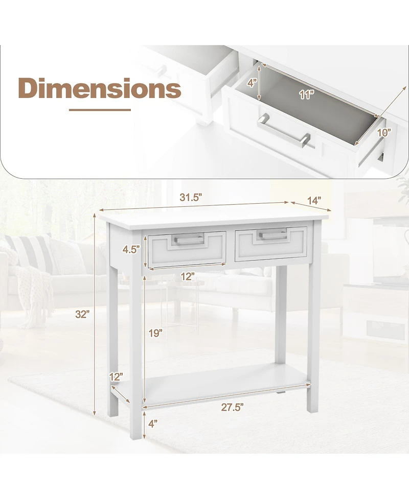 Narrow Console Table with Drawers and Open Storage Shelf