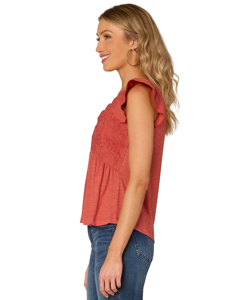 Democracy Petite Embroidered Cotton Flutter-Sleeve Top