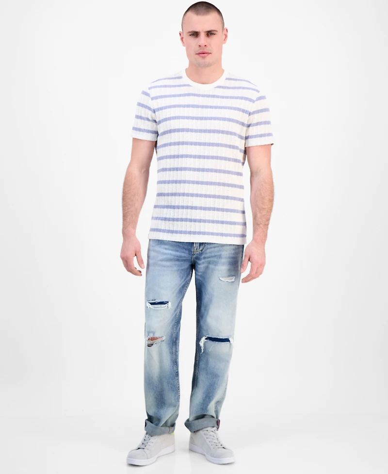 Guess Men's Elon Short Sleeve Textured Striped Crewneck T-Shirt