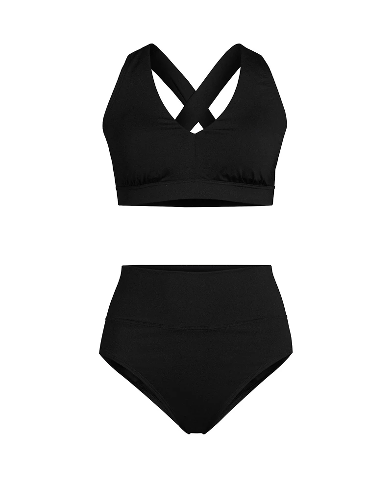 Lands' End Women's V-Neck Bikini and High Waisted Bottom Swimsuit Set