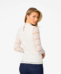 Cable & Gauge Women's Ruffle Lace Stretch Mock Neck Top