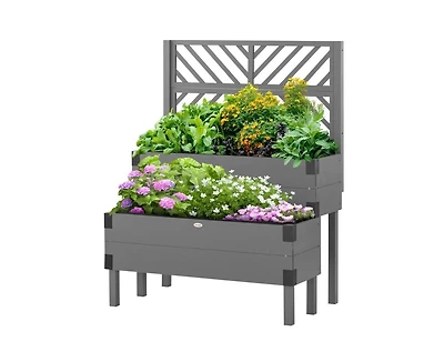 2 Tier Self Draining Wood Raised Garden Bed Planter Box with Trellis