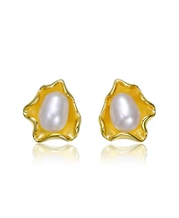 Sterling Silver 14K Gold Plated with White Freshwater Pearl Unique Wave Stud Earring