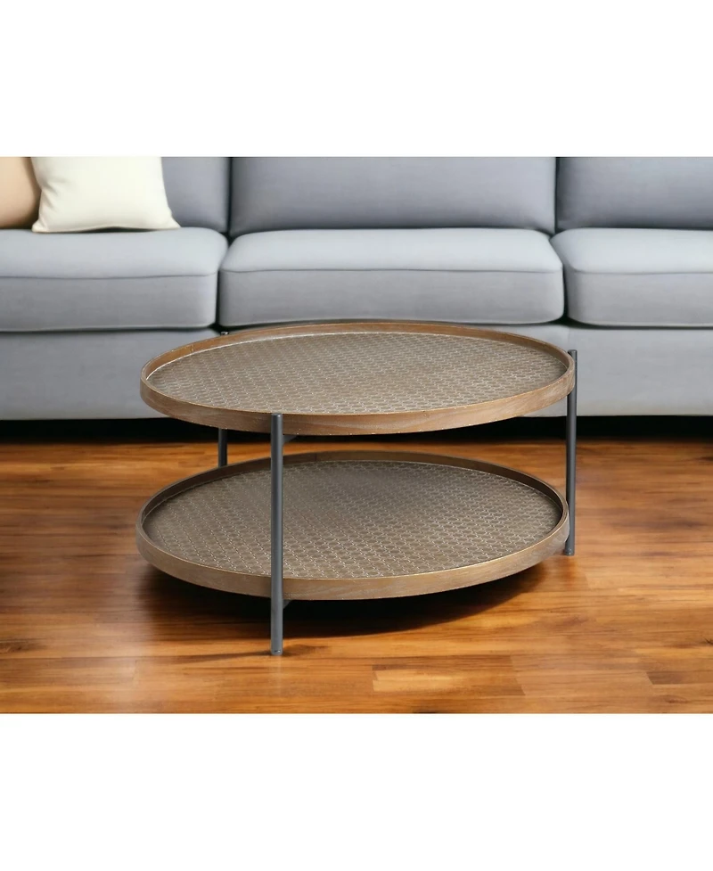 Sturdy Two-Tier Coffee Table with Wooden Top and Metal Frame